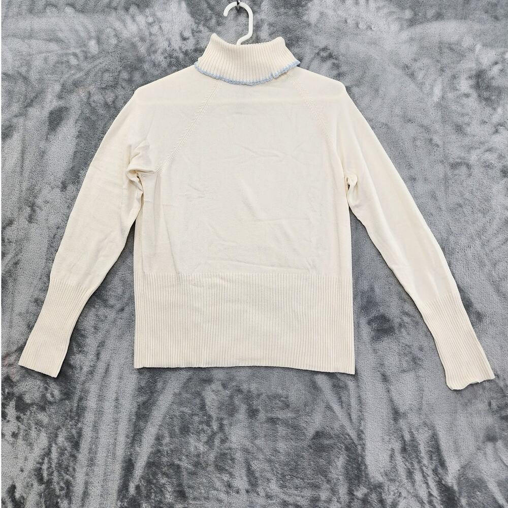 Vintage apostrophe Sweater‎ Womens M PETITE Cream Blue Embroidered Turtleneck